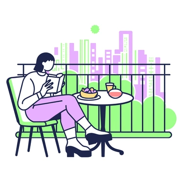 A person is seated at a small round table on a balcony, enjoying a book. The individual has a relaxed posture, with one hand holding the book and the other resting on the table. The table is set with a breakfast spread, including a plate with a croissant, a bowl of mixed fruit, and a glass of orange juice. In the background, a vibrant city view is visible, showcasing a skyline of tall buildings under a clear sky. The sunlight casts soft shadows on the table, enhancing the warm atmosphere of the scene.