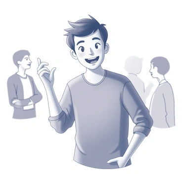 A person with short hair and wearing a casual shirt is nodding their head. Their facial expression is cheerful, and they have a broad smile that indicates agreement. The person has their hands relaxed at their sides, and the background features blurred outlines of other individuals, suggesting a friendly conversation.
