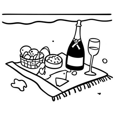 A picnic blanket spread on the sand, with an open tin of caviar placed on it. A champagne bottle stands upright next to a flute filled with champagne, both resting on the blanket. Nearby, there is a wicker basket containing various gourmet foods, such as artisanal cheeses and fresh fruits. The background shows gentle waves lapping at the shore, with a few seashells scattered in the sand.