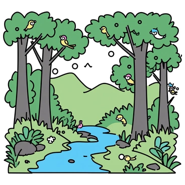 A dense rainforest filled with towering green trees, their trunks thick and textured. The canopy is rich with various shades of green, allowing patches of sunlight to filter through. Colorful birds with vibrant feathers are perched on branches, while small monkeys swing from limb to limb. Various plants and ferns are scattered throughout the forest floor, adding to the diversity of the environment. A small stream winds through the scene, reflecting the greenery around it.