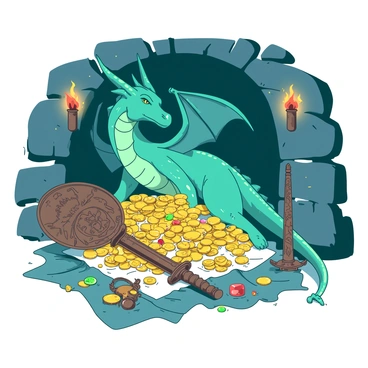 A teal dragon is perched on a large pile of shiny gold coins and sparkling jewels in its lair. The lair is dimly illuminated by the warm glow of a few flickering torches mounted on the stone walls. Surrounding the dragon, there are various ancient relics, including a weathered sword with intricate carvings and an ornate shield covered in mystical symbols. The floor of the lair is scattered with golden trinkets and colorful gemstones, while the dragon's wings are folded majestically against its back.