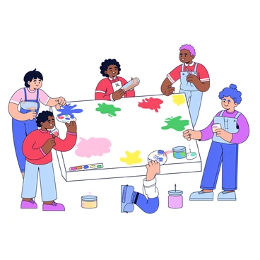 A diverse group of artists painting together on a giant illustration box, each adding their unique touch.
