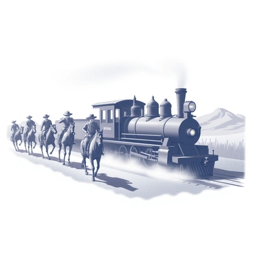 A vintage-style illustration of a train robbery in the Wild West with cowboys and horses.