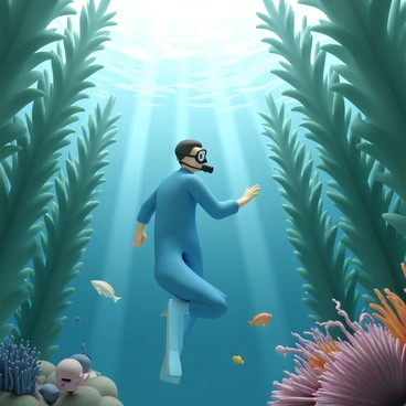 A diver, wearing a blue wetsuit and a black scuba mask, is gracefully moving through a dense kelp forest. The kelp is a vibrant green, swaying gently in the water. Shafts of sunlight pierce through the surface of the water, creating a beautiful pattern of light and shadows throughout the scene. The diver is surrounded by various marine life, including colorful fish and swaying sea anemones, adding to the underwater ecosystem's richness.