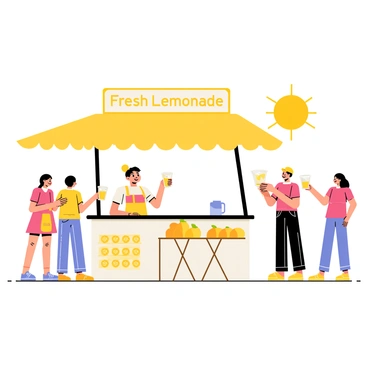 A cheerful lemonade stand with a bright yellow canopy is set up on a sunny day. The stand is adorned with colorful signs that read "Fresh Lemonade" in bold letters. A child with a big smile is standing behind the counter, holding a glass of lemonade filled with ice and a slice of lemon on the rim. The child is wearing a colorful apron and a cap. In front of the stand, there is a small table displaying fresh lemons and a pitcher of lemonade. A few customers are gathered around, enjoying the refreshing drink. A bright sun is shining down, creating a warm atmosphere.