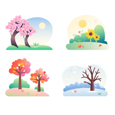 A series of four landscapes depicting the transition of the seasons is illustrated. The first landscape represents spring, featuring blooming cherry blossom trees with delicate pink flowers, fresh green grass, and a clear blue sky. In the second landscape, summer is captured with lush, vibrant greenery, sunflowers reaching for the sun, and a bright yellow sun shining overhead. The third landscape showcases autumn, with trees displaying vivid red, orange, and yellow leaves, scattered foliage on the ground, and a soft, golden light filtering through the branches. The final landscape illustrates winter, characterized by snow-covered ground, bare trees glistening with frost, and a pale winter sky, with gentle snowfall creating a serene atmosphere. Each landscape seamlessly transitions into the next, representing the cyclical nature of the seasons.