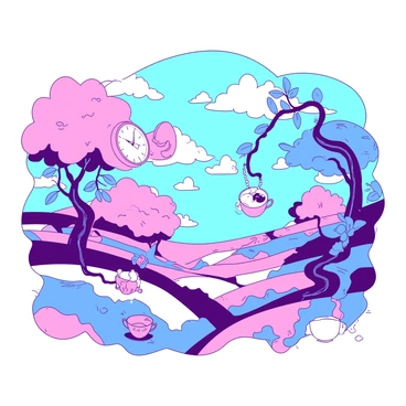 A landscape filled with oversized flowers in shades of pink and blue, stretching towards a swirling sky. In the foreground, there are floating teacups and whimsical trees with twisted trunks and bright green leaves. The ground is a patchwork of colorful patterns, leading towards a distant horizon where fluffy clouds twist and turn. A large clock with melting numbers hangs from a branch, adding an element of fantasy to the scene. A gentle breeze seems to move through the dreamscape, making the flowers sway rhythmically.