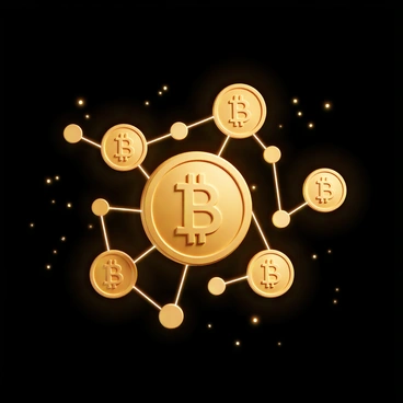 A vast network of interconnected bitcoins, each coin designed with a shiny golden surface and the "₿" symbol prominently displayed on the front. The bitcoins are floating in a three-dimensional space, connected by glowing lines that resemble digital circuitry. These lines pulse with light, creating a dynamic sense of movement through the network. The background is a dark void, emphasizing the brightness and metallic texture of the bitcoins, while small particles of light drift around, adding to the futuristic feel of the scene.