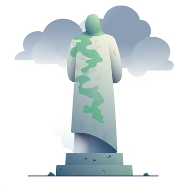 A tall statue, showing signs of corrosion and wear, stands in the foreground. The surface of the statue is rough and pitted, with streaks of greenish discoloration from the effects of acid rain. Above it, a grey sky is filled with dark, heavy clouds that create a foreboding atmosphere. The ground around the statue is uneven and littered with small debris, suggesting neglect. A faint mist rises from the damp earth, adding to the overall somber and tense mood of the scene.
