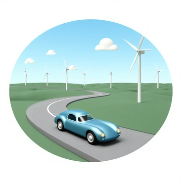 A car driving by fields of wind turbines under a clear, blue sky