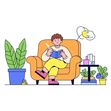 A cozy reading nook featuring a comfortable armchair with soft, textured upholstery in a warm color. In the seat of the armchair is a person with short hair, wearing a light sweater. The person is holding a steaming cup of tea in one hand and a book in the other, fully engaged in reading. Surrounding the nook are various potted plants of different sizes, including a tall green fern and smaller succulents, adding a vibrant touch to the scene. A small side table beside the armchair holds a few more books and a small decorative item, enhancing the inviting atmosphere.