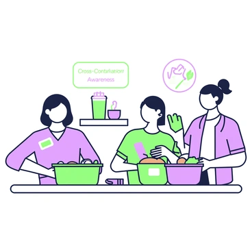 A workspace featuring several employees engaged in packing their lunches in separate containers. In the foreground, one employee is carefully placing a sandwich into a green container with a secure lid, while another employee beside them is filling a purple container with a fresh salad. Each employee is organized, with distinct workspaces that emphasize the importance of keeping different food items separate. There are visible labels on each container, indicating the contents, and a small sign on the wall behind them reads "Cross-Contamination Awareness." A table in the background holds additional containers and utensils for meal preparation.
