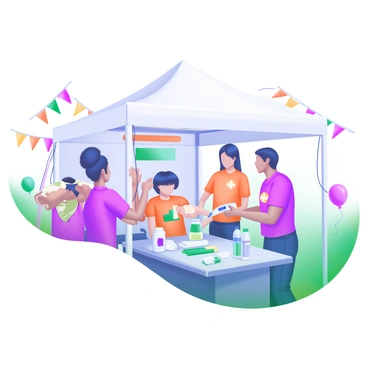 A medical tent set up at a lively festival, featuring a large white canopy. Inside the tent, several volunteers in bright colored shirts are assisting attendees. One volunteer is applying a band-aid to a child's scraped knee while another is checking a participant's temperature with a digital thermometer. Nearby, a table displays first aid supplies, such as gauze, antiseptic wipes, and water bottles. The atmosphere is bustling, with colorful festival decorations visible in the background, including banners and balloons.