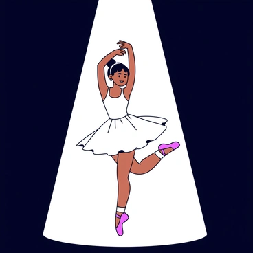 A graceful ballet dancer in a flowing white tutu stands poised on one leg under a bright spotlight. The dancer has her arms elegantly lifted above her head, showcasing a delicate balance. Her hair is neatly styled into a bun, and her ballet shoes are pink. The dark stage surrounding her contrasts sharply with the luminous spotlight, creating a dramatic focus on her form.