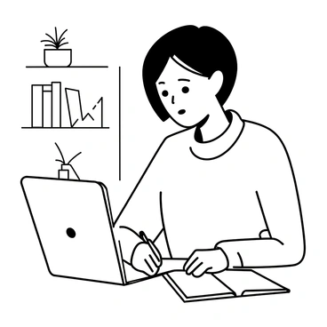A person sitting at a desk, engaged in an online class. They have short hair and are wearing a comfortable sweater. Their eyes are focused on a laptop screen in front of them. A notebook is open on the desk, with a pen in hand, as they take notes. The background includes a bookshelf filled with books and a potted plant on the side. The light from the laptop screen casts a faint glow on their face, highlighting their attentive expression.