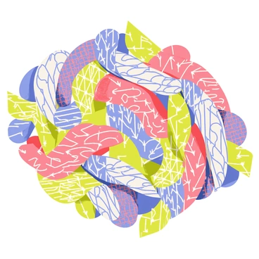 A collection of intricate patterns that seem to be woven together, creating a visually complex design. The patterns feature a variety of shapes, including spirals, diagonal lines, and geometric forms. Each section displays a different color scheme, with bold reds, blues, and greens alternating throughout. The overall structure gives the illusion of depth and texture, as if the patterns are three-dimensional and layered over one another. The edges of the woven patterns are defined, enhancing the optical effect of the artwork.