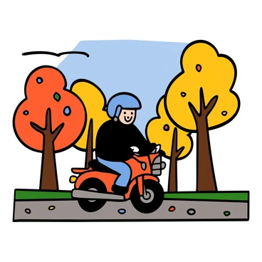 A mini bike with a shiny red frame is cruising down a street. The rider, a person wearing a blue helmet and a black jacket, is smiling as they enjoy the ride. The street is lined with vibrant autumn trees displaying shades of orange, yellow, and red leaves. The ground is covered with fallen leaves, creating a colorful carpet beneath the trees. A clear blue sky is visible above, adding to the cheerful atmosphere of the scene.