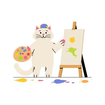 A cartoon-style illustration of a painter cat with a fluffy white fur coat, wearing a colorful beret tilted to one side. The cat is holding a wooden palette filled with vibrant blobs of paint in various colors. It stands beside an easel displaying a partially finished canvas. The painter cat is gesturing with its other paw, as if explaining art techniques to a group of attentive animal onlookers. Bright splashes of paint are seen on the ground, adding to the lively atmosphere of the live painting session.