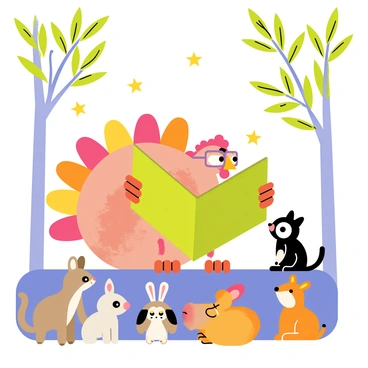 A turkey sitting on a log with its wings opened as if holding a book. The turkey has colorful feathers and wears a pair of oversized glasses. Around the turkey, various forest animals are gathered, including a curious rabbit, a sleepy raccoon, and a small deer, all looking attentively at the book. The background features tall trees with green leaves and twinkling stars peeking through the branches, creating a cozy atmosphere for the bedtime story.