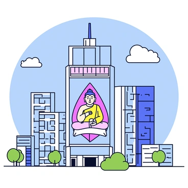 A modern cityscape featuring tall, sleek skyscrapers with glass facades reflecting sunlight. One prominent building has a large mural depicting a serene Buddha, intricately detailed with vibrant colors. Surrounding the building are smaller structures and greenery, adding contrast to the urban environment. The sky above is bright blue with a few fluffy white clouds.