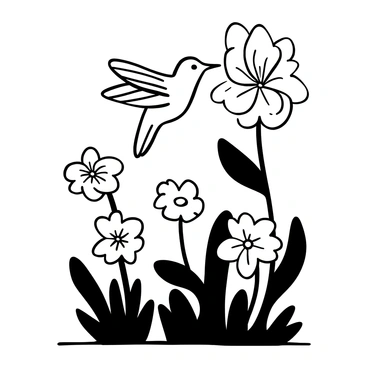 A hummingbird hovering delicately near a blooming flower in a garden. The flower has intricate petals with detailed patterns, and the hummingbird’s wings are spread wide, showcasing its delicate feathers. There are multiple other flowers in the background, each varying in shape and size, contributing to the lushness of the garden. The ground is covered with green leaves and grass, enhancing the natural setting.