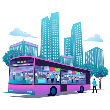 A purple bus parked on a busy city street, showcasing a large mural on its side. The mural displays a vibrant urban landscape filled with colorful buildings and bustling streets. Skyscrapers rise in the background, painted in shades of blue and green with stylized windows reflecting light. In the foreground, a lively market scene unfolds, with stalls adorned in bright colors. People walk by, engaging in conversation and enjoying their surroundings. Trees with vivid foliage line the scene, enhancing the urban setting. A sunny sky with fluffy clouds completes the image, creating a lively and energetic atmosphere.