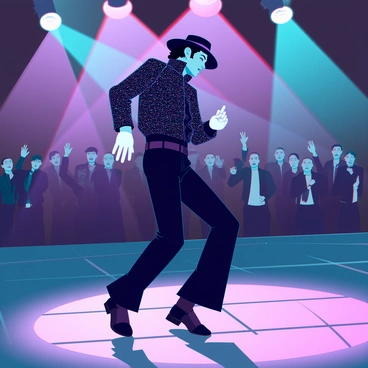 Michael Jackson is wearing a sparkling black sequined jacket and matching pants, with a white glove on his right hand. He has a fedora hat tilted to the side and is performing the moonwalk dance move. The stage is brightly lit with colorful spotlights illuminating him from different angles, creating dynamic shadows. In the background, an audience watches with excitement, their hands raised in appreciation. The atmosphere is filled with energy as he glides effortlessly across the polished floor.