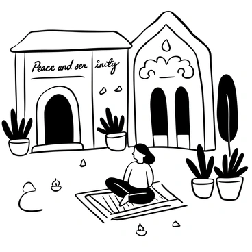 A person sitting cross-legged on a patterned mat, engaged in meditation. The mandir courtyard is surrounded by intricately carved stone pillars and decorative arches. Lush potted plants are placed at the corners, creating a sense of tranquility. The ground is covered with smooth stones, and a gentle breeze stirs the leaves of nearby trees. "Peace and serenity" is inscribed on a stone wall in elegant script. Small, flickering oil lamps are positioned along the pathway, providing soft illumination.