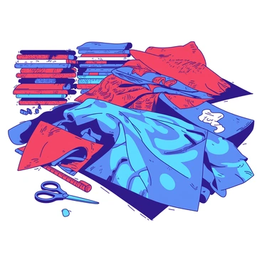 A vibrant blue bubu gown design is laid out on a table, with bright red fabric patterns surrounding it. The gown features intricate designs with flowing lines and geometric shapes. Scissors are placed near the fabric, ready for cutting, and a measuring tape is coiled beside them. Several colorful bolts of fabric are stacked in the background, showcasing various textures and patterns that complement the blue and red gown design. The atmosphere is bustling with the preparation for creating the gown.
