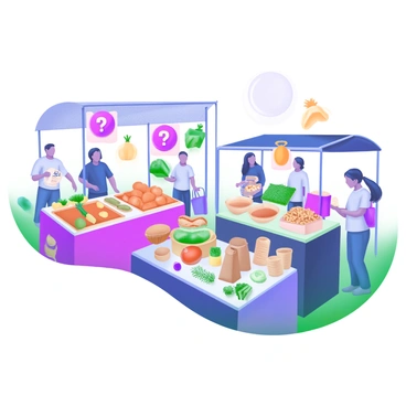 A vibrant marketplace filled with various stalls and colorful displays of products. Each product has a unique label shaped like a "?" symbol, painted in bright hues. There are fruits and vegetables, handmade crafts, and artisanal goods neatly arranged on tables. Shoppers are browsing the stalls, some are chatting with vendors while others examine the labeled items closely. The scene is bustling with activity, creating a lively atmosphere.