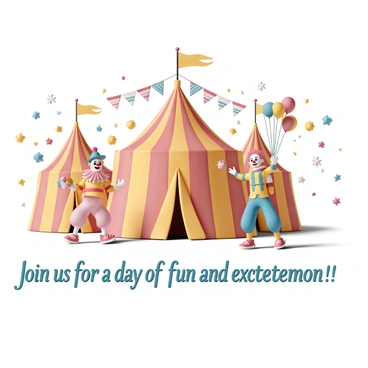 A colorful carnival-themed invitation featuring several large, striped circus tents in red and yellow. Clowns with bright costumes and oversized shoes are playfully interacting, one juggling colorful balls while another holds a bunch of balloons. The background is filled with festive decorations like streamers and patterned banners. The text on the invitation, "Join us for a day of fun and excitement!" is elegantly framed by whimsical illustrations of stars and confetti.