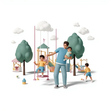 A parent, wearing a blue t-shirt and denim jeans, is carrying a baby in a light green onesie on their hip. They are gently pushing a swing with a bright red seat, where a toddler in a yellow shirt and blue shorts is happily swinging. The playground is filled with colorful play equipment, including a slide and a merry-go-round. Trees with green leaves provide shade, and there are a few scattered toys on the ground. The sky is clear with a few fluffy white clouds. The scene captures a joyful atmosphere with other children playing nearby.