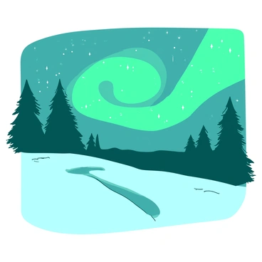 A teal snowy landscape stretches across the foreground, illuminated by the vivid colors of the "northern lights" dancing in the sky above. The lights swirl in shades of "green" and "blue," casting a magical glow over the snow-covered ground. In the distance, a cluster of dark pine trees stands silhouetted against the brightly lit sky, their branches lightly dusted with snow. A gentle breeze creates small flurries of snow swirling around the scene, enhancing the enchanting atmosphere.