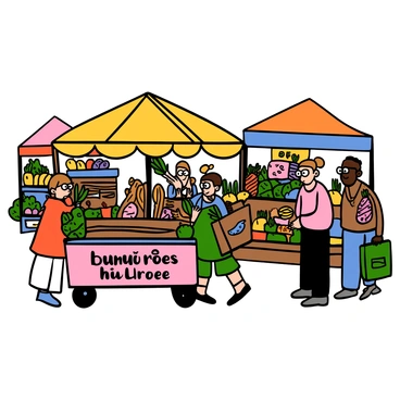 A bustling market scene with a colorful banh mi stand in the foreground, featuring a bright yellow umbrella providing shade. The stand is stocked with fresh baguettes, vibrant vegetables, and assorted meats. In the background, several shoppers are actively browsing, including a light-skinned woman with big eyes carrying a tote bag filled with produce and a dark-skinned man with big eyes examining a variety of fruits. Various stalls can be seen, each displaying an array of goods, creating a lively atmosphere filled with activity and interaction.