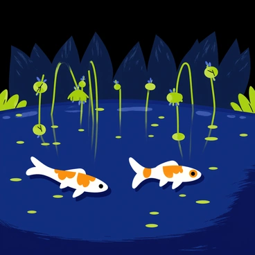 A serene pond illuminated by glowing bioluminescent blossoms in various shades of blue and green. Beneath the surface, two koi fish with vibrant orange and white patterns swim gracefully. The reflections of the glowing flowers dance on the water's surface, creating a luminous effect. The backdrop features dark foliage, enhancing the enchanting atmosphere of the magical nighttime scene.