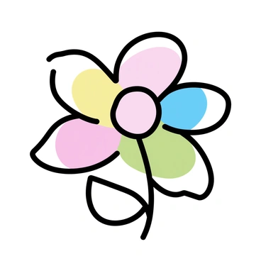 A flower shape created with swirling lines and curves, using a combination of pastel pink, yellow, blue, and green colors. The petals are elongated and gently curve outward, showcasing a blend of these soft hues. The center of the flower has a circular shape, filled with a deeper pastel color that contrasts with the lighter shades of the petals. The overall composition presents a minimalist representation of a flower, focusing on the fluidity of the paint strokes.