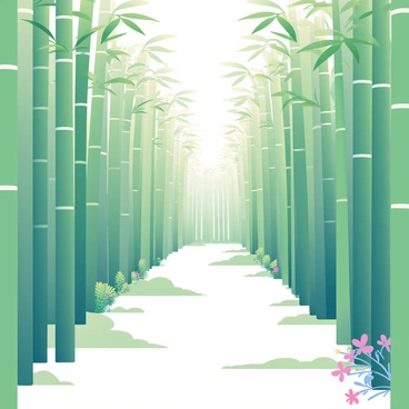 A bamboo forest maze stretches in the foreground, with tall green bamboo stalks creating a dense wall on either side. Soft sunlight filters through the leaves, casting a gentle dappled light on the ground, highlighting patches of soft, green moss. The path through the maze is narrow, winding between the bamboo, inviting exploration. Small clusters of ferns and delicate wildflowers are visible along the edges of the path, adding subtle colors to the scene.