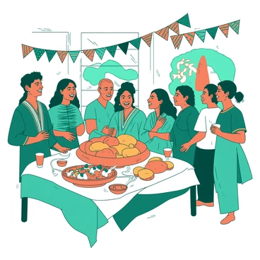 A teal and orange vibrant cultural celebration is taking place. People in traditional attire are joyfully participating in the festivities. Some individuals are wearing elaborate costumes adorned with intricate patterns and embellishments, showcasing their cultural heritage. In the center of the scene, a large decorative table is filled with beautifully arranged sweet potatoes, some topped with colorful toppings. Colorful decorations hang overhead, creating a festive atmosphere, and there are banners in the background displaying cultural symbols. The expressions of joy and excitement on the faces of the participants enhance the lively feel of the celebration.