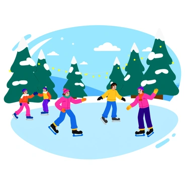 A magical winter scene with skaters surrounded by snow-covered trees and twinkling lights.