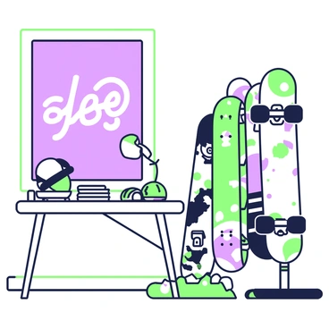 A promotional display for a skateboard brand is set up inside a shop. The display features several skateboards arranged vertically on a stand, showcasing different designs and patterns. Each skateboard has unique graphics, some with vibrant shapes and abstract figures. To the left, a large sign is mounted on the wall, featuring the brand logo in bold letters. Below the sign, a few skateboard accessories like helmets and pads are neatly arranged on a table. To add to the atmosphere, some skateboarding magazines are stacked on the table, and the shop has wooden flooring that contrasts with the bright colors of the display.