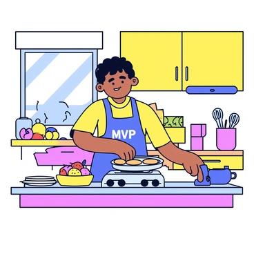 A parent wearing an "MVP" apron stands in a cozy kitchen while preparing breakfast. The parent is flipping pancakes on a frying pan over a small stove. The kitchen is filled with warm colors, featuring wooden cabinets and a countertop adorned with various cooking utensils. A bowl of fresh fruits sits on the counter next to a stack of plates. A window allows soft light to fill the room, illuminating the cheerful atmosphere.