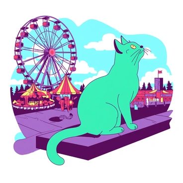 A teal cat with bright, sparkling eyes is sitting on a wooden railing, gazing up at the colorful lights of a vibrant carnival. The background features a large, illuminated Ferris wheel with its compartments glowing in shades of red and yellow. Surrounding the cat, there are various carnival stalls adorned with colorful decorations, and people can be seen enjoying the festivities. The cat’s tail is gently swaying back and forth as it takes in the lively atmosphere of the carnival.