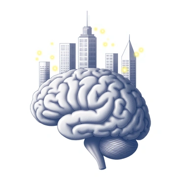 A brain with skyscrapers and city lights growing from its surface