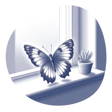 A papillon butterfly with distinctive, elegantly patterned wings is resting on a sunlit windowsill. The butterfly's wings are slightly open, revealing intricate details of its markings. Sunlight casts soft shadows on the surface of the windowsill, highlighting the texture of the wood. Nearby, a small potted plant is visible, adding an organic element to the scene. The butterfly appears calm and still, embodying a moment of rest in a serene indoor environment.