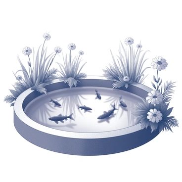A fish pond with clear water reflecting the surface. Various fish can be seen swimming gracefully beneath the surface. The pond is bordered by dense, lush greenery, including tall grass and ferns. Beautiful blooming flowers, with intricate petals and detailed textures, are scattered around the pond, adding to the natural beauty of the scene. The overall composition captures a harmonious interaction between the water, the fish, and the surrounding plant life.