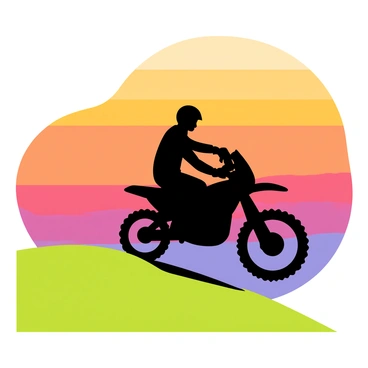 A black silhouette of a biker is positioned on a hill, distinct against the vibrant colors of a sunset sky. The sky features layers of orange, pink, and purple hues blending seamlessly together. The biker is wearing a helmet and is in a dynamic riding pose, with the motorcycle's wheels off the ground slightly, suggesting motion. The hill is gently sloping, covered with green grass that contrasts with the dark silhouette of the biker.