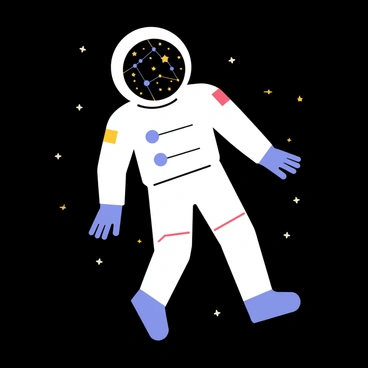 An astronaut in a bright white space suit is floating in the vastness of space. The helmet visor of the astronaut reflects various constellations, including "Orion," "Ursa Major," and "Cassiopeia," creating a sparkling array of stars. The background is a deep black, punctuated by distant twinkling stars scattered throughout the scene. The astronaut's gloved hands are slightly extended, emphasizing the feeling of weightlessness and tranquility in the infinite expanse of space.