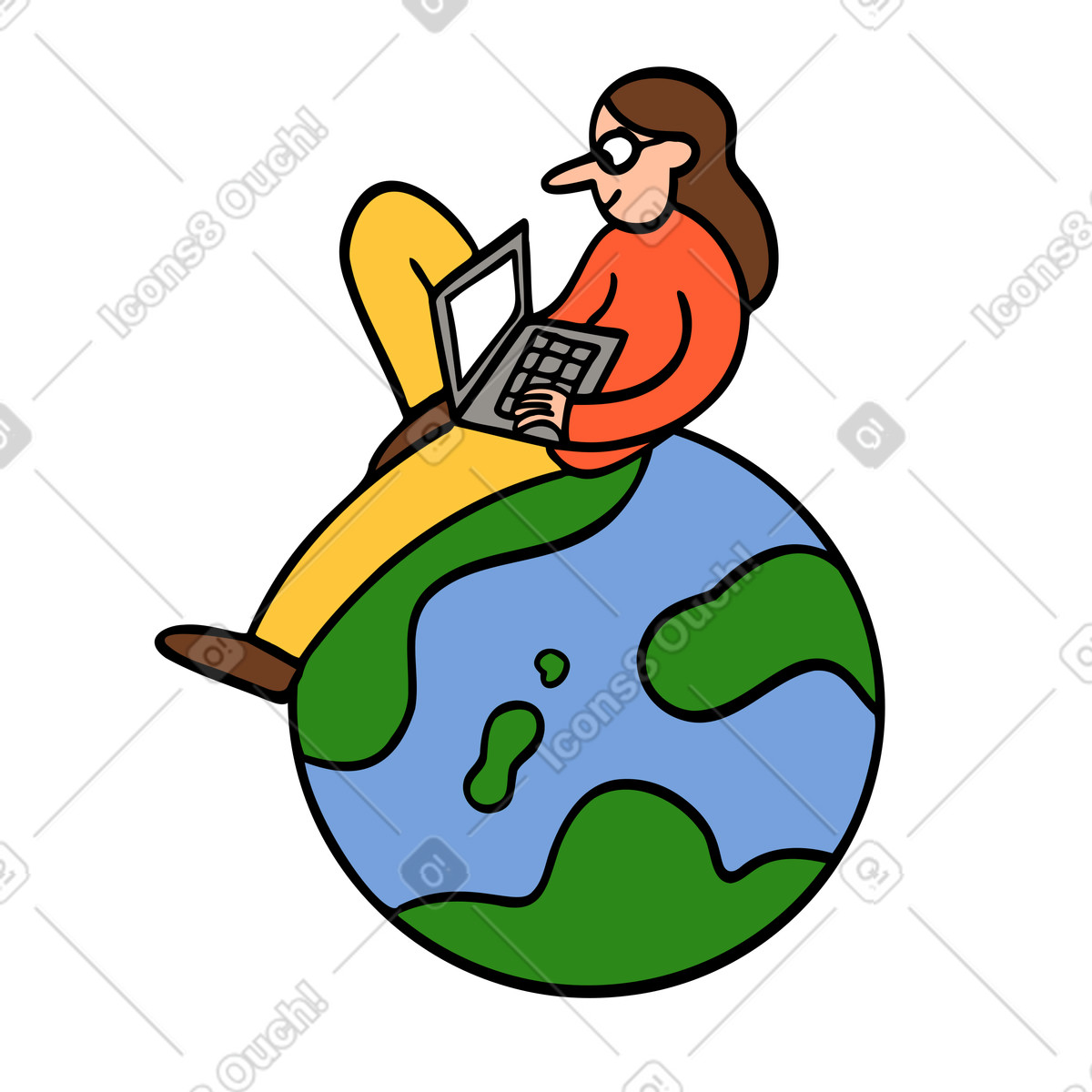 Woman with laptop sitting on planet Earth illustration in Comic style download in PNG, SVG