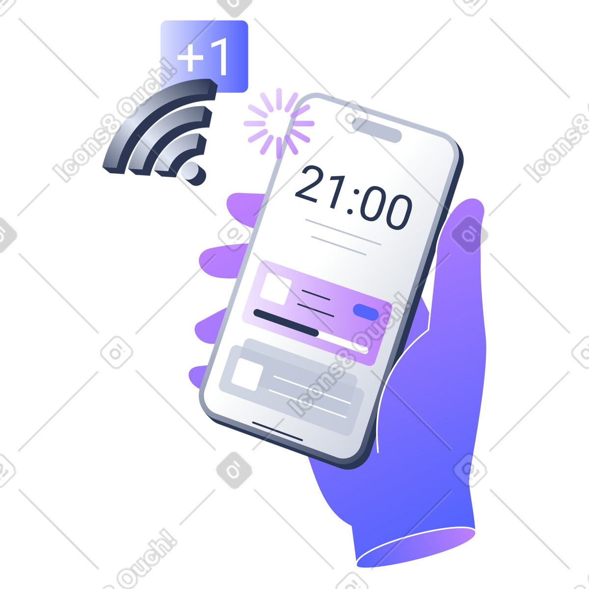 Smartphone with Wi-Fi signal symbol and notifications, Real-Time Alerts on Phone, Live Data Sync to Mobile illustration in Lucent style download in PNG, SVG
