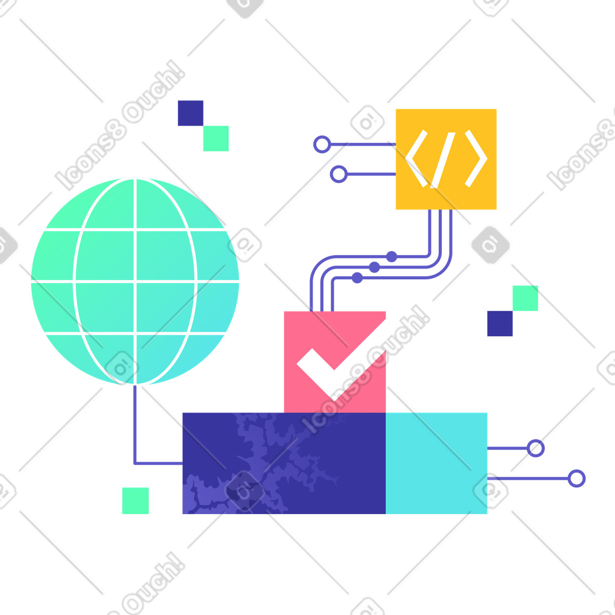 Code symbol connected to network globe, software deployment workflow, global web development and hosting illustration in PNG, SVG